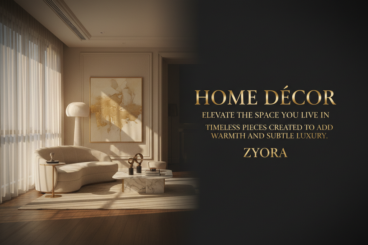 Cinematic luxury interior scene, minimal and premium. Warm golden light in the room, but create a clear dark charcoal text area on one side (no objects, clean space). Subtle vignette, soft film grain, realistic editorial style.

Text in Cinzel/Trajan metallic gold gradient (#d6b87a–#f1d27d), placed ONLY inside the charcoal area:

HOME DÉCOR
ELEVATE THE SPACE YOU LIVE IN

TIMELESS PIECES CREATED TO ADD WARMTH AND SUBTLE LUXURY.

ZYORA