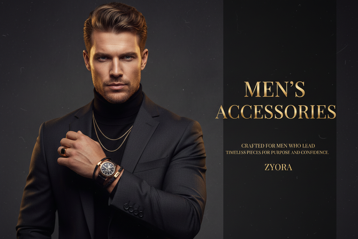 Cinematic portrait of a well-built, confident male model wearing premium men’s accessories (watch, bracelet, ring, or necklace). Warm golden highlights, deep charcoal shadows, uncluttered background, slight film grain.

Create a dark charcoal text area on one side.

Text in Cinzel/Trajan metallic gold gradient (#d6b87a–#f1d27d):

MEN’S ACCESSORIES
CRAFTED FOR MEN WHO LEAD
TIMELESS PIECES FOR PURPOSE AND CONFIDENCE.
ZYORA