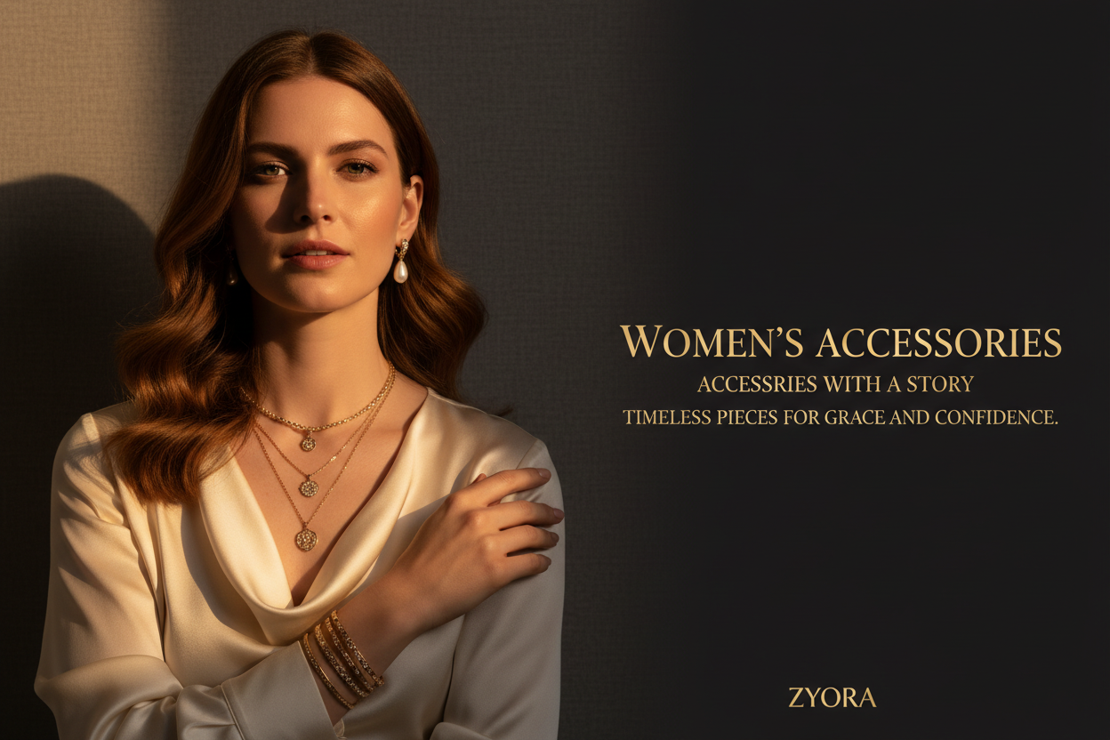 Cinematic portrait of an elegant female model wearing premium accessories. Position the model on the LEFT. Warm golden light, charcoal shadows, clean background, slight film grain. Wide banner (16:9 or 21:9).

Create a dark charcoal text area on the RIGHT.

Text in Cinzel/Trajan metallic gold gradient (#d6b87a–#f1d27d):

WOMEN’S ACCESSORIES
ACCESSORIES WITH A STORY
TIMELESS PIECES FOR GRACE AND CONFIDENCE.
ZYORA